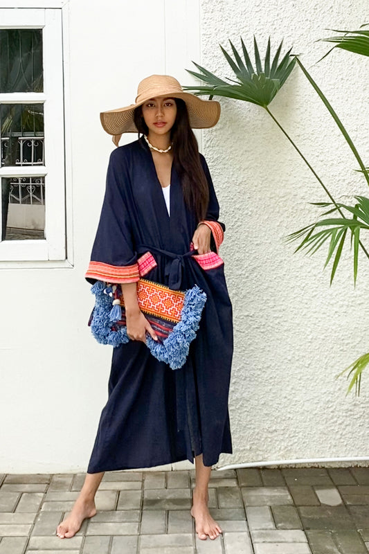 Oversized Long Kimono with Vintage Hmong Embroidery, Robe