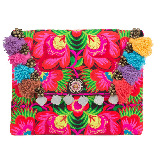 Hmong Embroidered Clutch Bag with Colorful Tassels