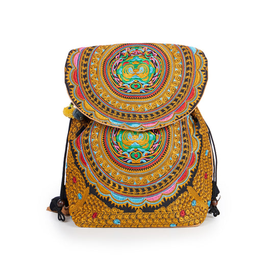 Drawstring Backpack with Hmong Tribe Embroidery for Beach