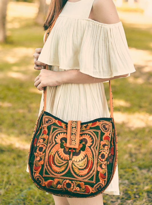 Hmong Embroidered Round Crossbody Bag for Women