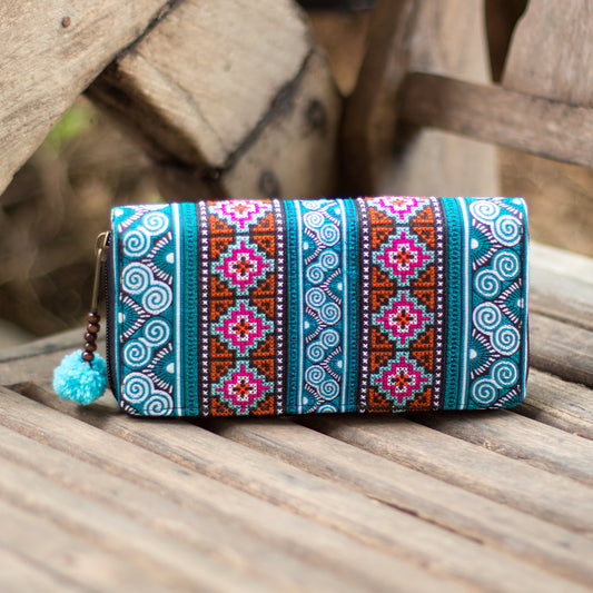 Spiral Hmong Embroidered Wallet with Pompom