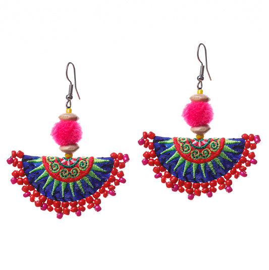 Hmong Embroidered Semi-Circle Earrings with Pompoms