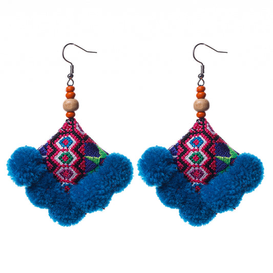 Pompoms Earrings with Hmong Tribe Embroidery
