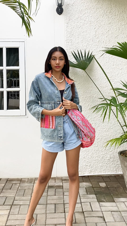 Denim Jacket with Vintage Hmong Embroidery from Thailand