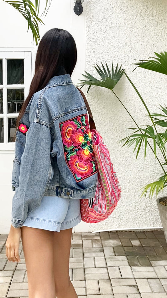 Denim Jacket with Red Flower Pattern Hmong Embroidery from Thailand