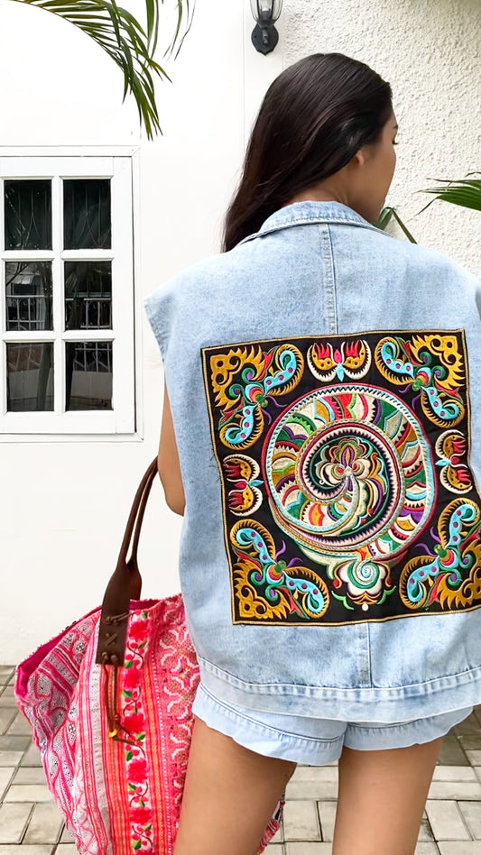 Denim Jacket with Snake Pattern Hmong Embroidery from Thailand