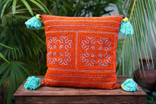 Handmade Cushion Cover with Tassels and Hmong Embroidery