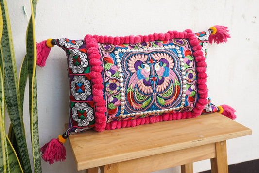 12x20 Hmong Cushion Cover with Tassels, Pom Poms