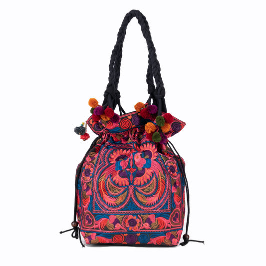 Drawstring Tote Bag with Hmong Tribe Embroidery