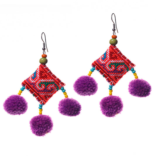 Pompoms Earrings with Hmong Tribe Embroidery