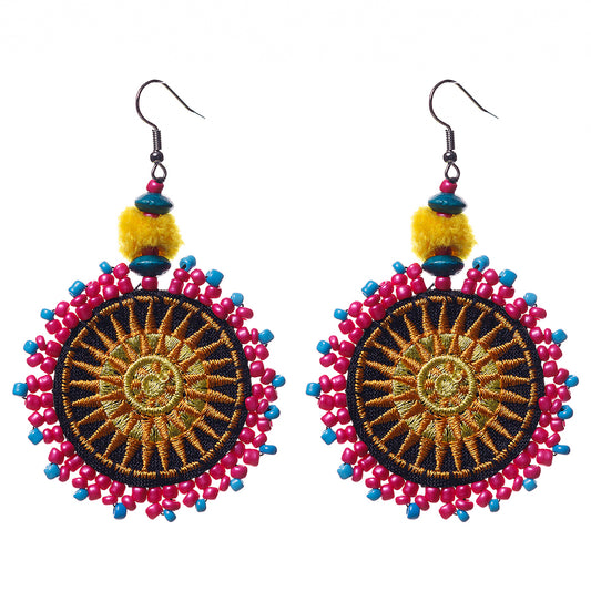 Hmong Embroidered Circle Earrings with Pompoms